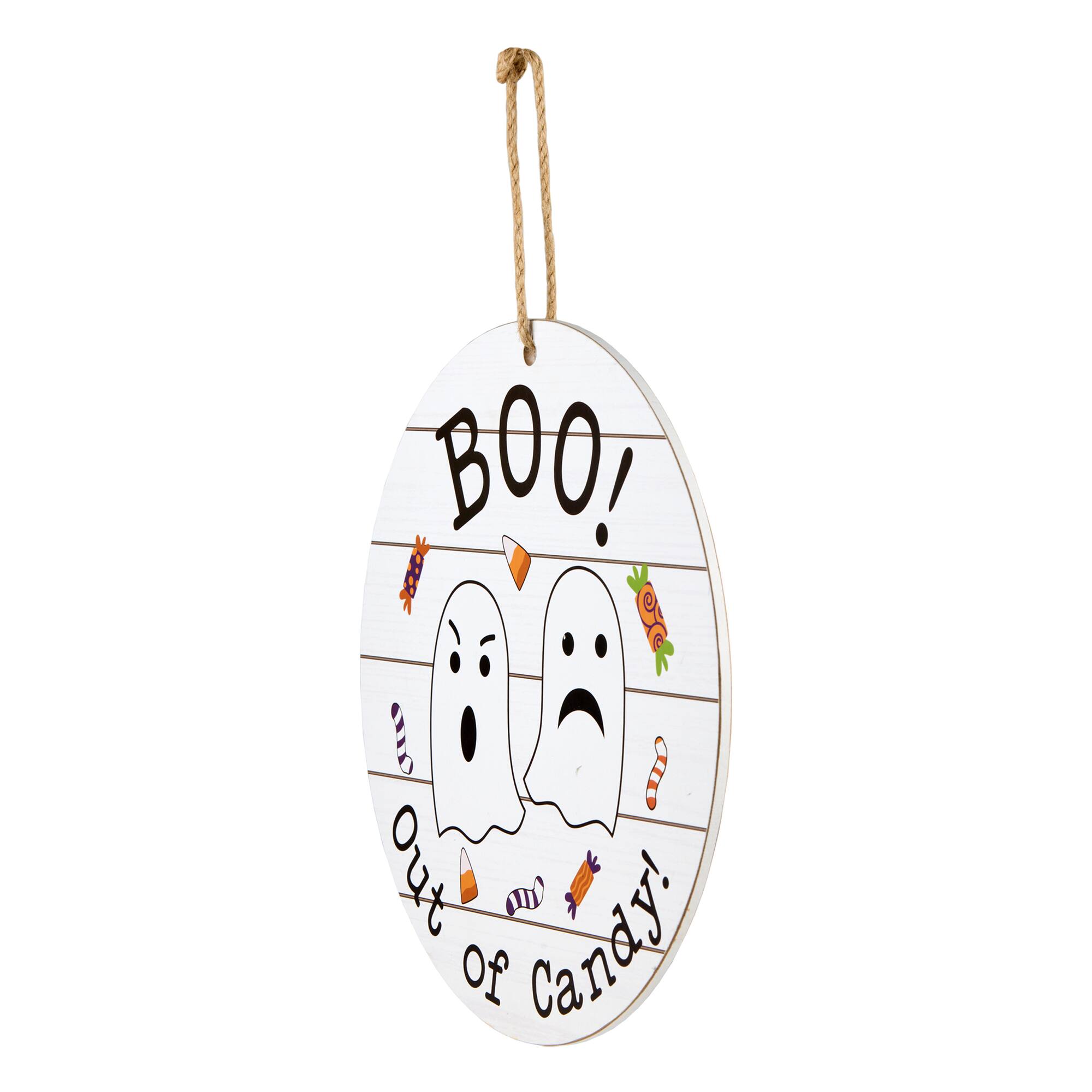 12" White Hanging Double-Sided Trick or Treat/Out of Candy Round Plank Sign